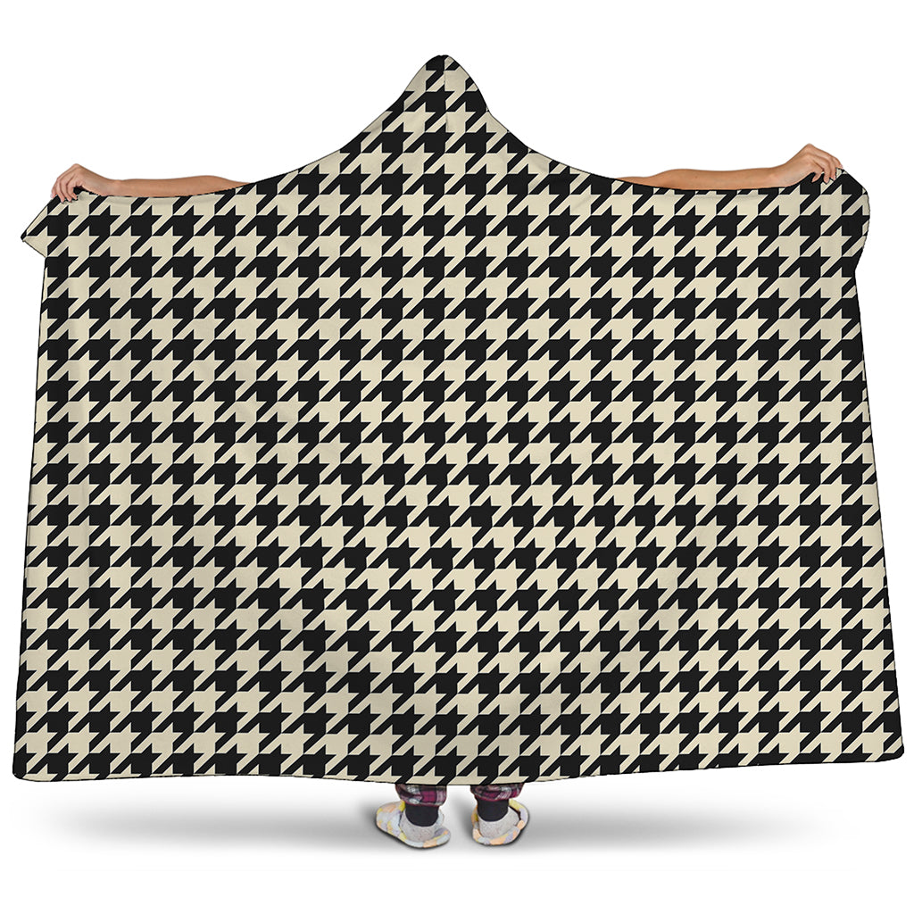 Tan And Black Houndstooth Pattern Print Hooded Blanket
