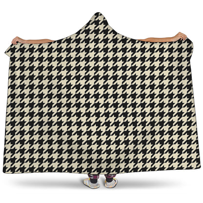 Tan And Black Houndstooth Pattern Print Hooded Blanket