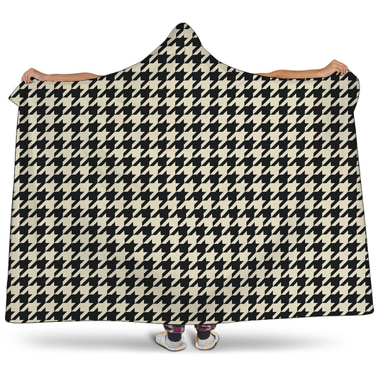 Tan And Black Houndstooth Pattern Print Hooded Blanket