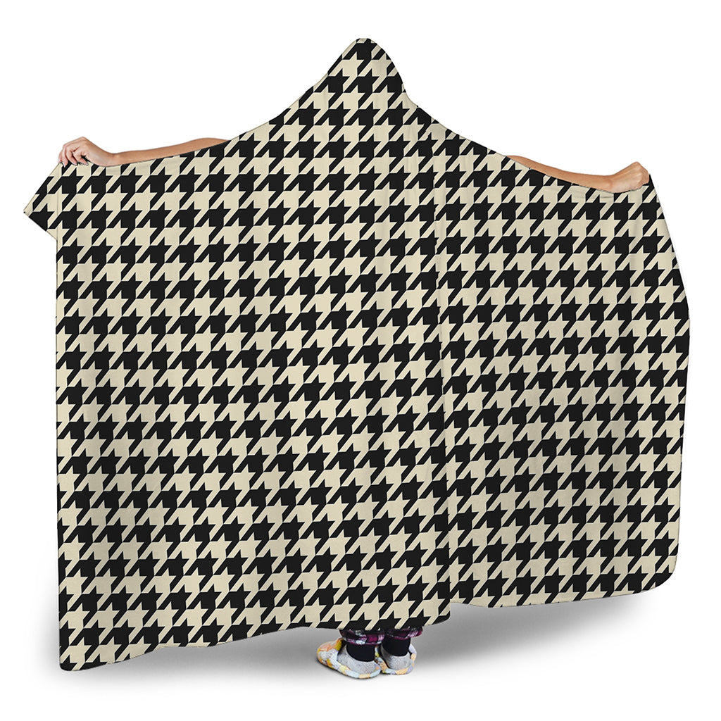 Tan And Black Houndstooth Pattern Print Hooded Blanket