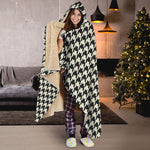 Tan And Black Houndstooth Pattern Print Hooded Blanket