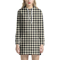Tan And Black Houndstooth Pattern Print Pullover Hoodie Dress