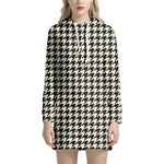Tan And Black Houndstooth Pattern Print Hoodie Dress