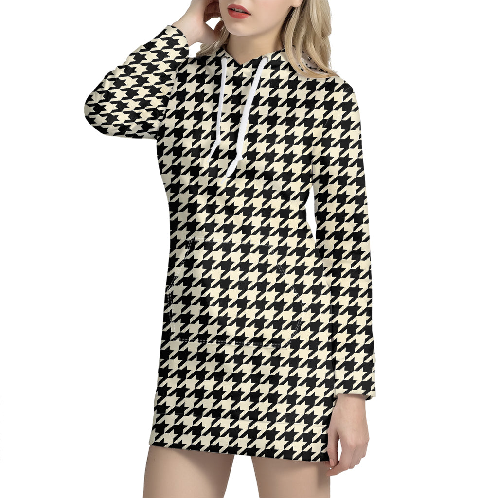 Tan And Black Houndstooth Pattern Print Hoodie Dress