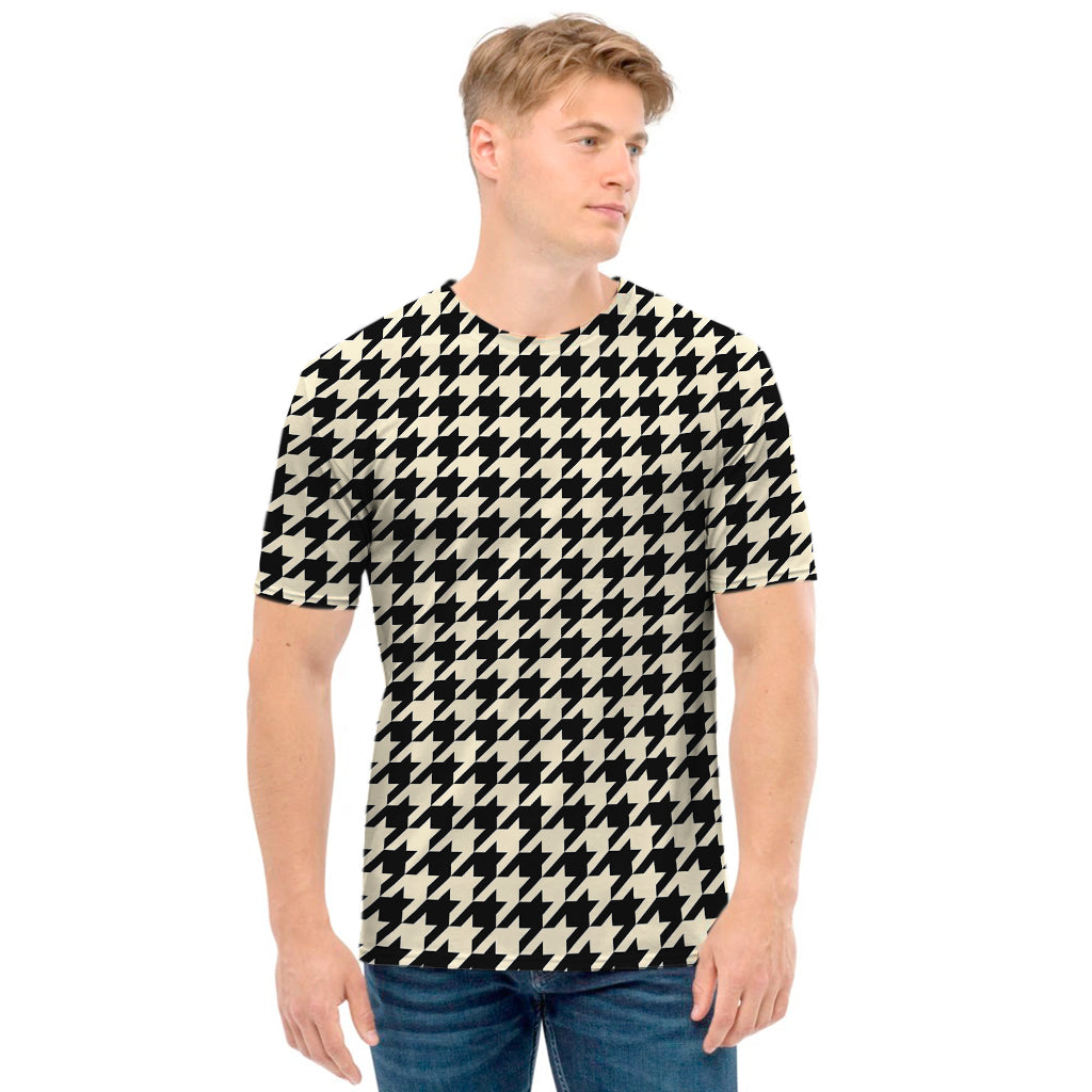 Tan And Black Houndstooth Pattern Print Men's T-Shirt