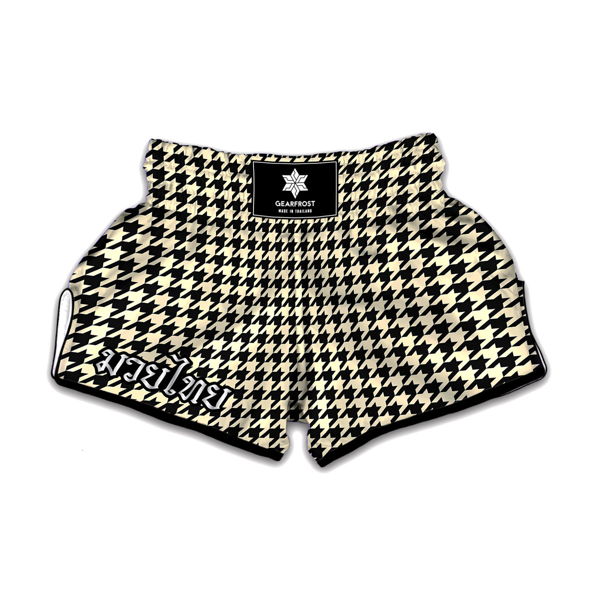 Tan And Black Houndstooth Pattern Print Muay Thai Boxing Shorts