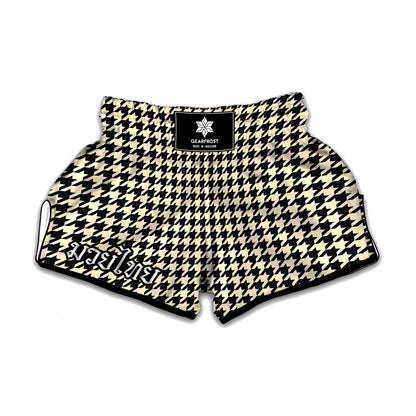 Tan And Black Houndstooth Pattern Print Muay Thai Boxing Shorts