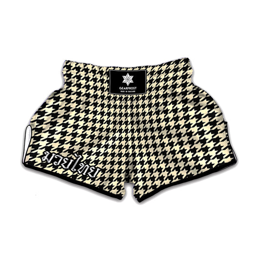 Tan And Black Houndstooth Pattern Print Muay Thai Boxing Shorts