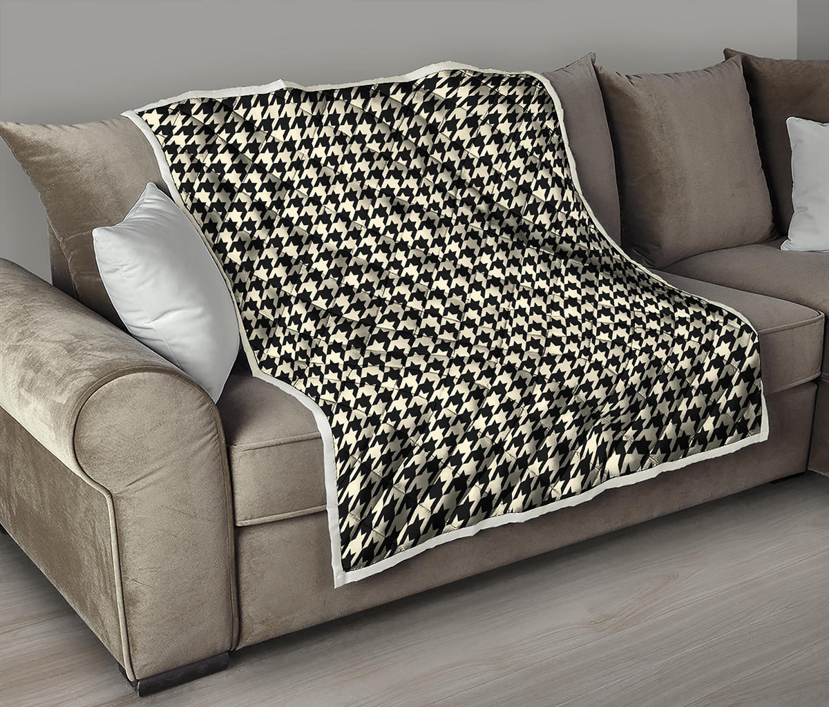 Tan And Black Houndstooth Pattern Print Quilt