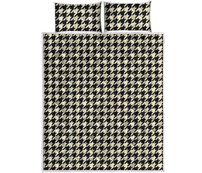 Tan And Black Houndstooth Pattern Print Quilt Bed Set