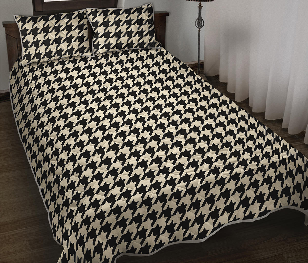 Tan And Black Houndstooth Pattern Print Quilt Bed Set