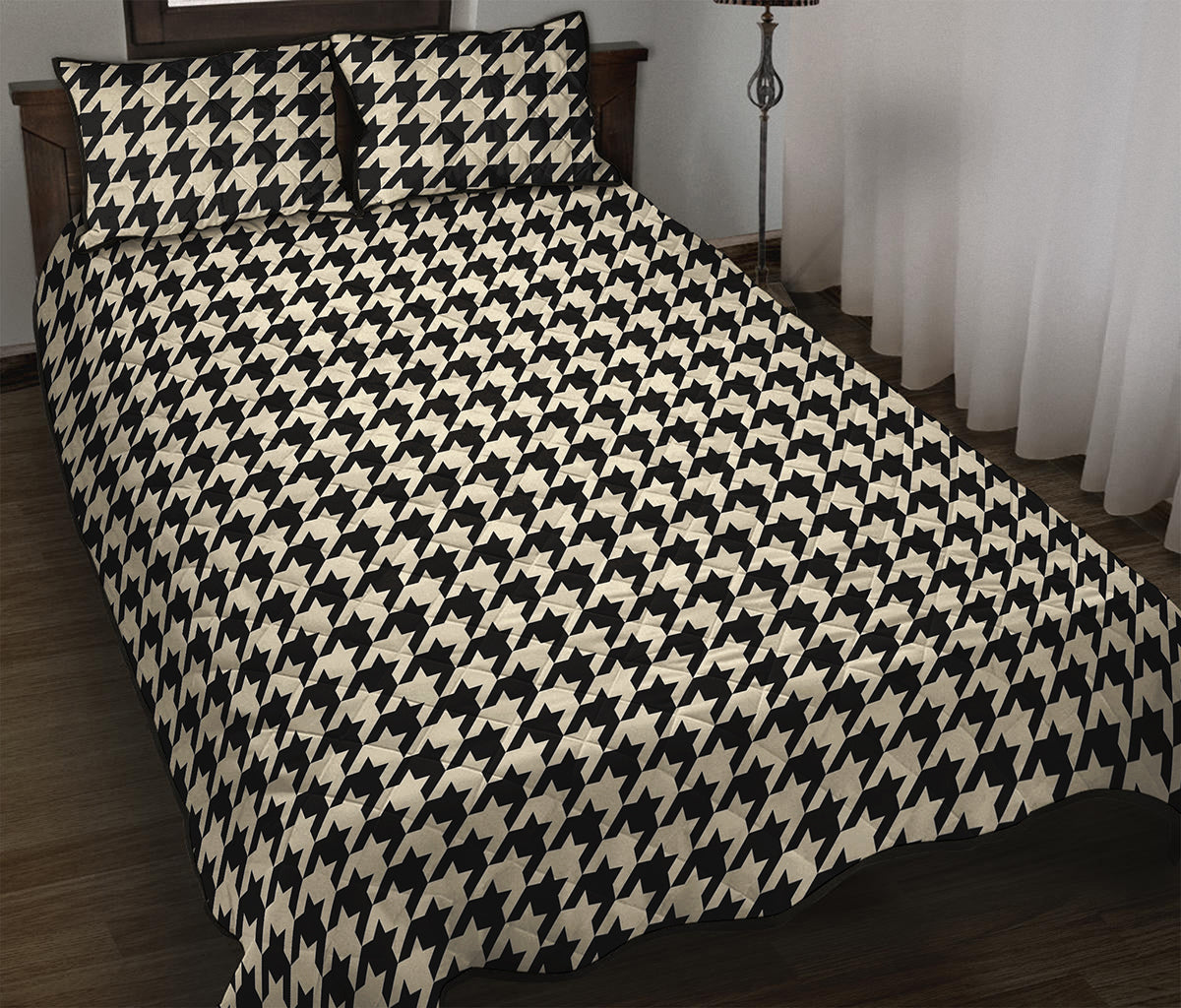 Tan And Black Houndstooth Pattern Print Quilt Bed Set