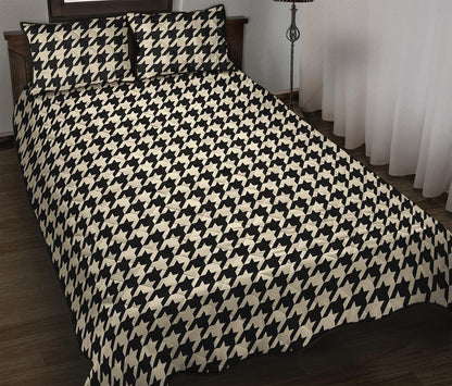 Tan And Black Houndstooth Pattern Print Quilt Bed Set