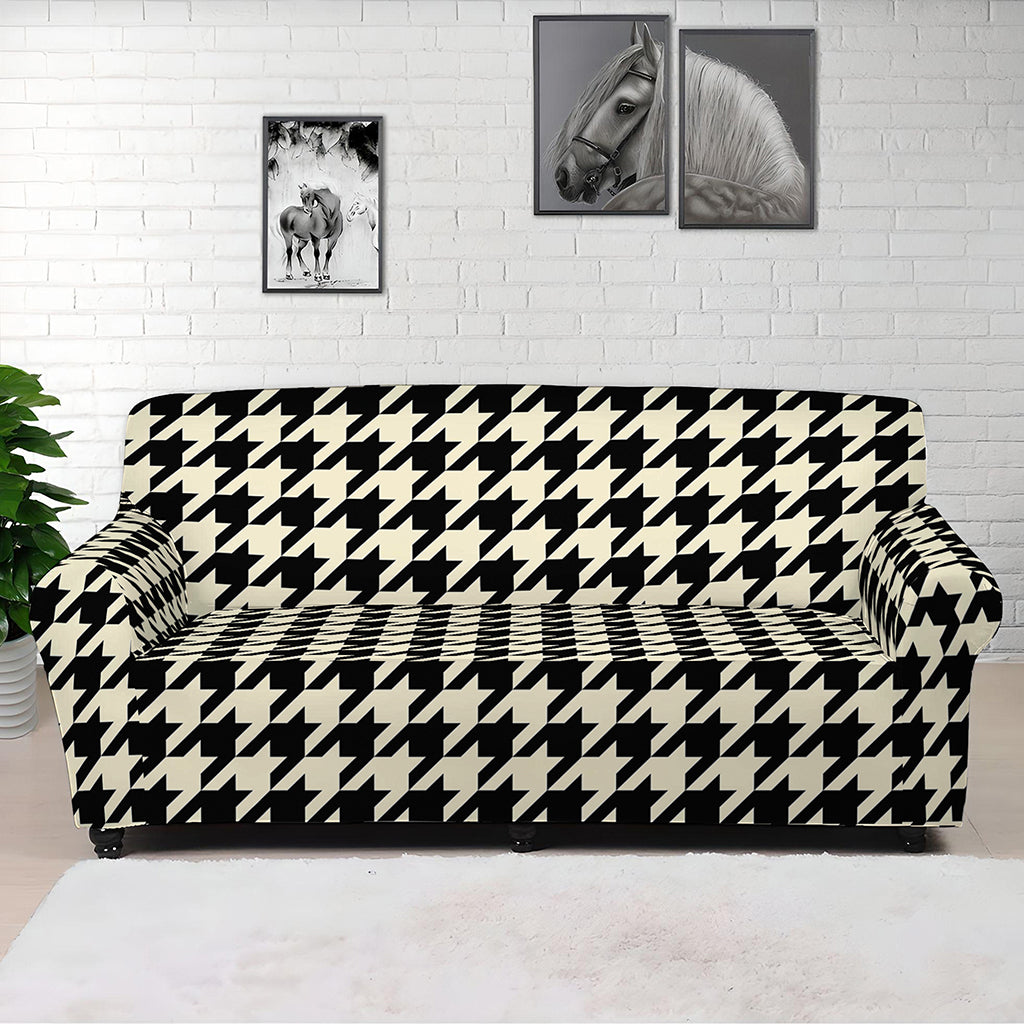 Tan And Black Houndstooth Pattern Print Sofa Cover