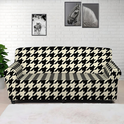 Tan And Black Houndstooth Pattern Print Sofa Cover