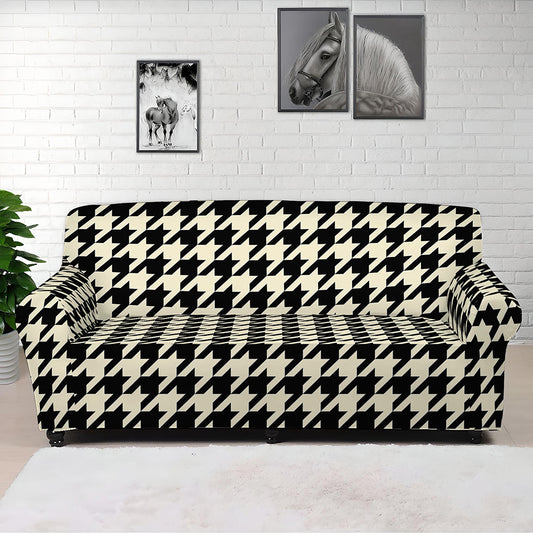 Tan And Black Houndstooth Pattern Print Sofa Cover