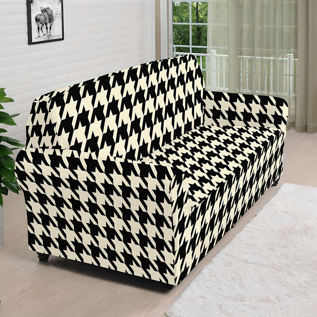 Tan And Black Houndstooth Pattern Print Sofa Cover