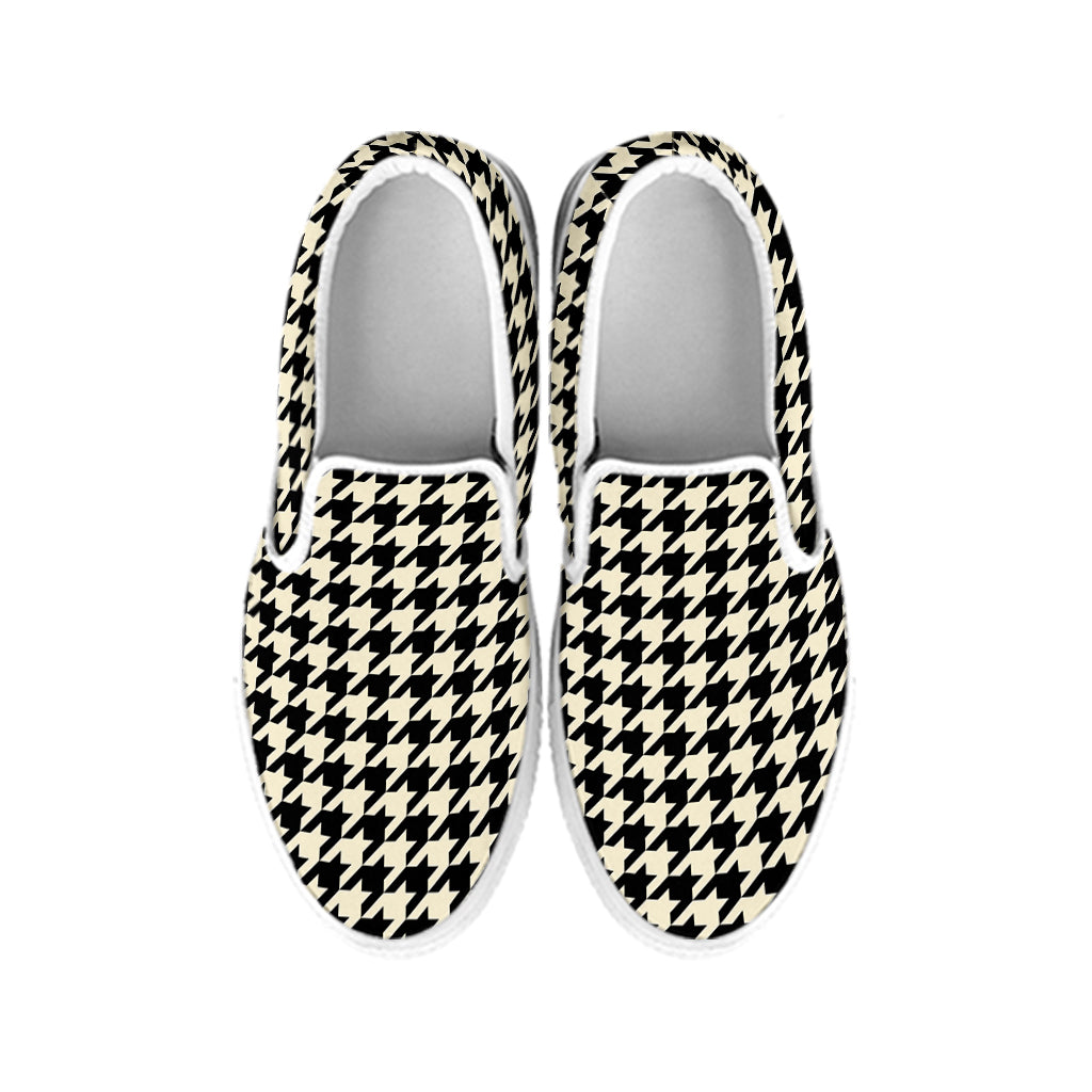 Tan And Black Houndstooth Pattern Print White Slip On Shoes