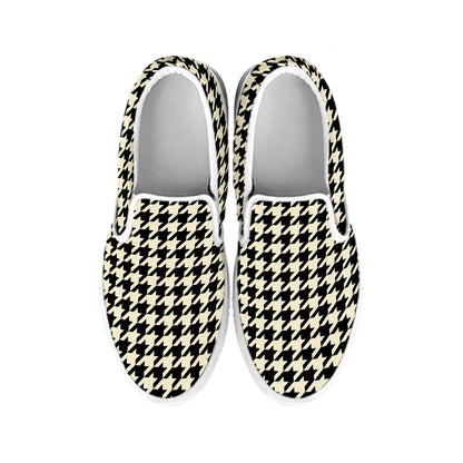 Tan And Black Houndstooth Pattern Print White Slip On Shoes