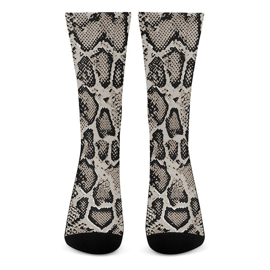 Tan And Black Snakeskin Print Crew Socks