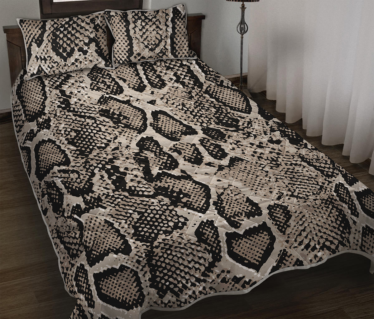 Tan And Black Snakeskin Print Quilt Bed Set