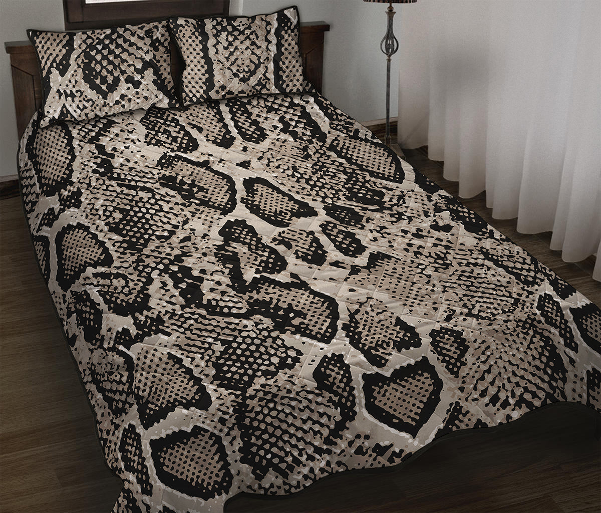 Tan And Black Snakeskin Print Quilt Bed Set