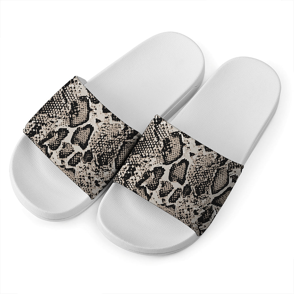 Tan And Black Snakeskin Print White Slide Sandals