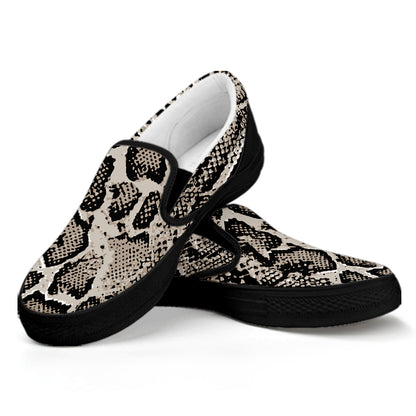 Tan And Black Snakeskin Printt Black Slip On Shoes