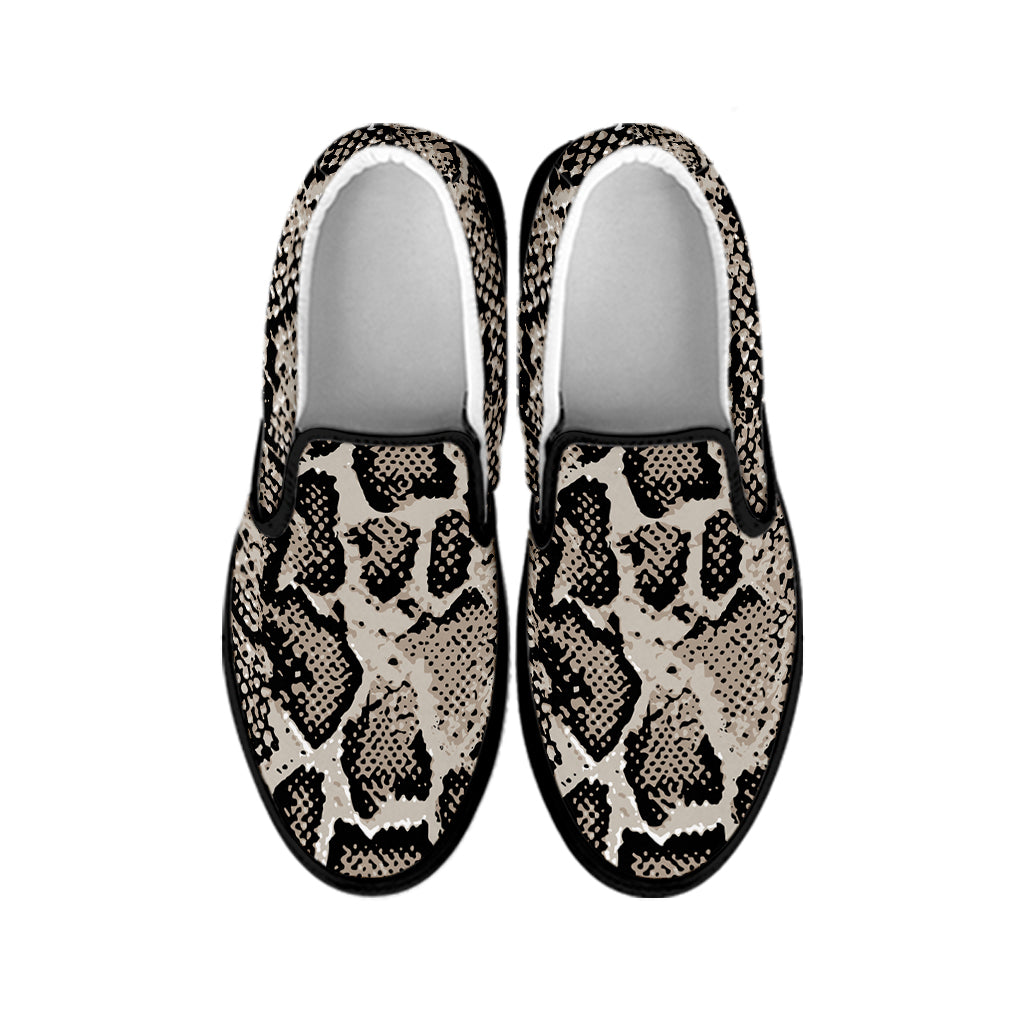Tan And Black Snakeskin Printt Black Slip On Shoes
