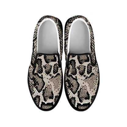 Tan And Black Snakeskin Printt Black Slip On Shoes