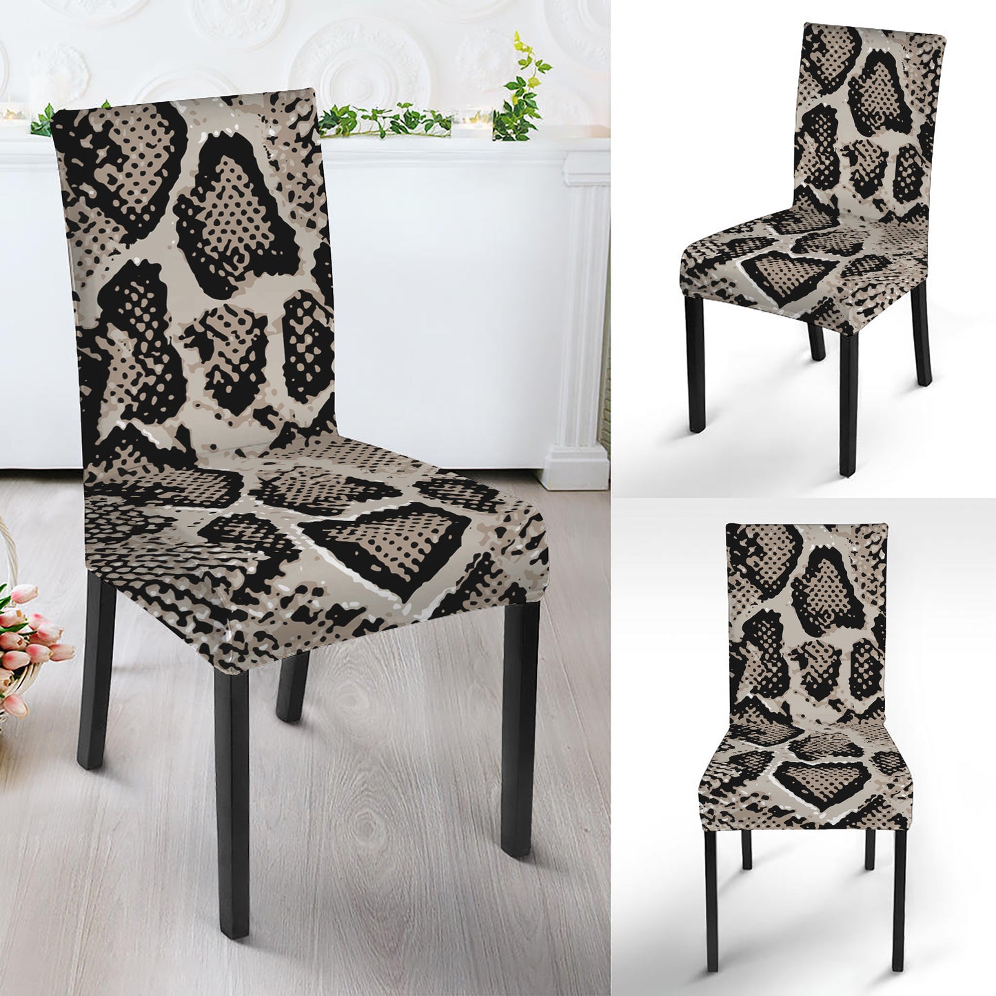 Tan And Black Snakeskin Printt Dining Chair Slipcover
