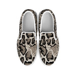 Tan And Black Snakeskin Printt White Slip On Shoes