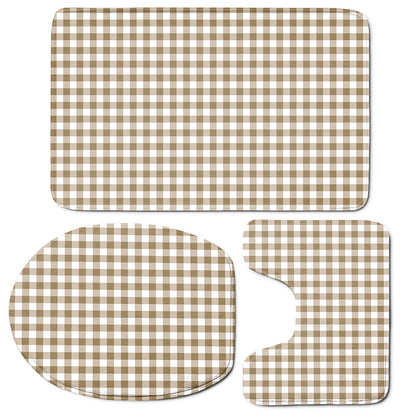 Tan And White Gingham Pattern Print 3 Piece Bath Mat Set