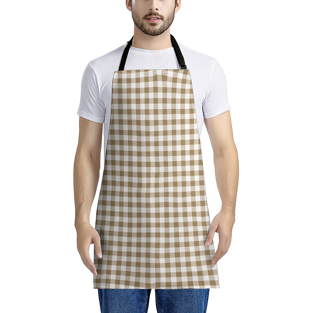 Tan And White Gingham Pattern Print Apron