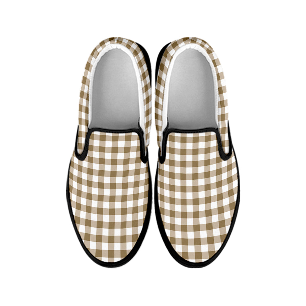 Tan And White Gingham Pattern Print Black Slip On Shoes