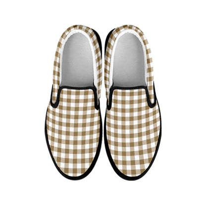 Tan And White Gingham Pattern Print Black Slip On Shoes