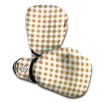 Tan And White Gingham Pattern Print Boxing Gloves