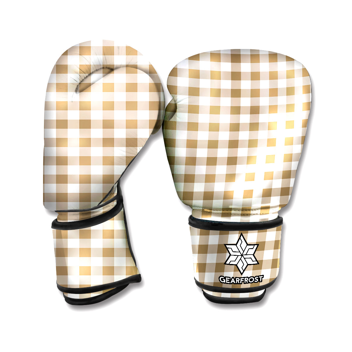 Tan And White Gingham Pattern Print Boxing Gloves