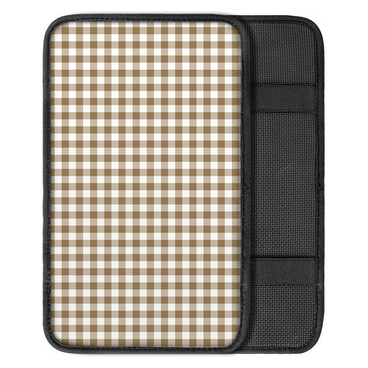 Tan And White Gingham Pattern Print Car Center Console Cover
