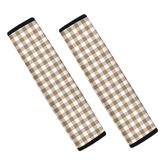 Tan And White Gingham Pattern Print Car Seat Belt Covers