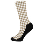 Tan And White Gingham Pattern Print Crew Socks