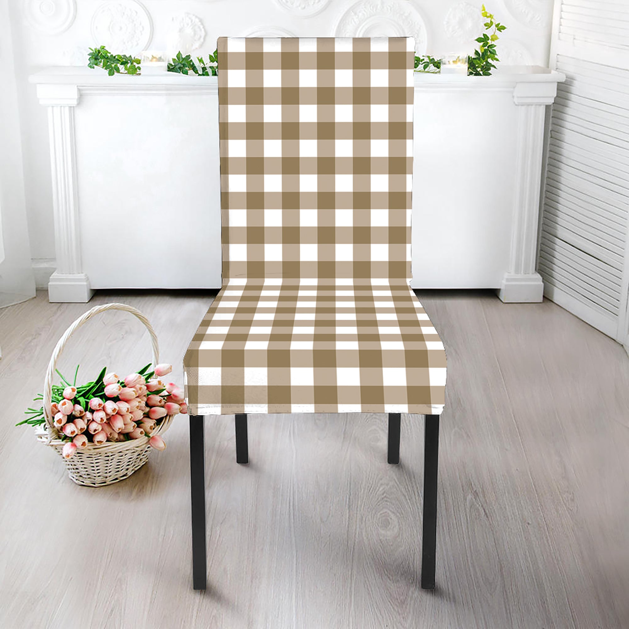 Tan And White Gingham Pattern Print Dining Chair Slipcover