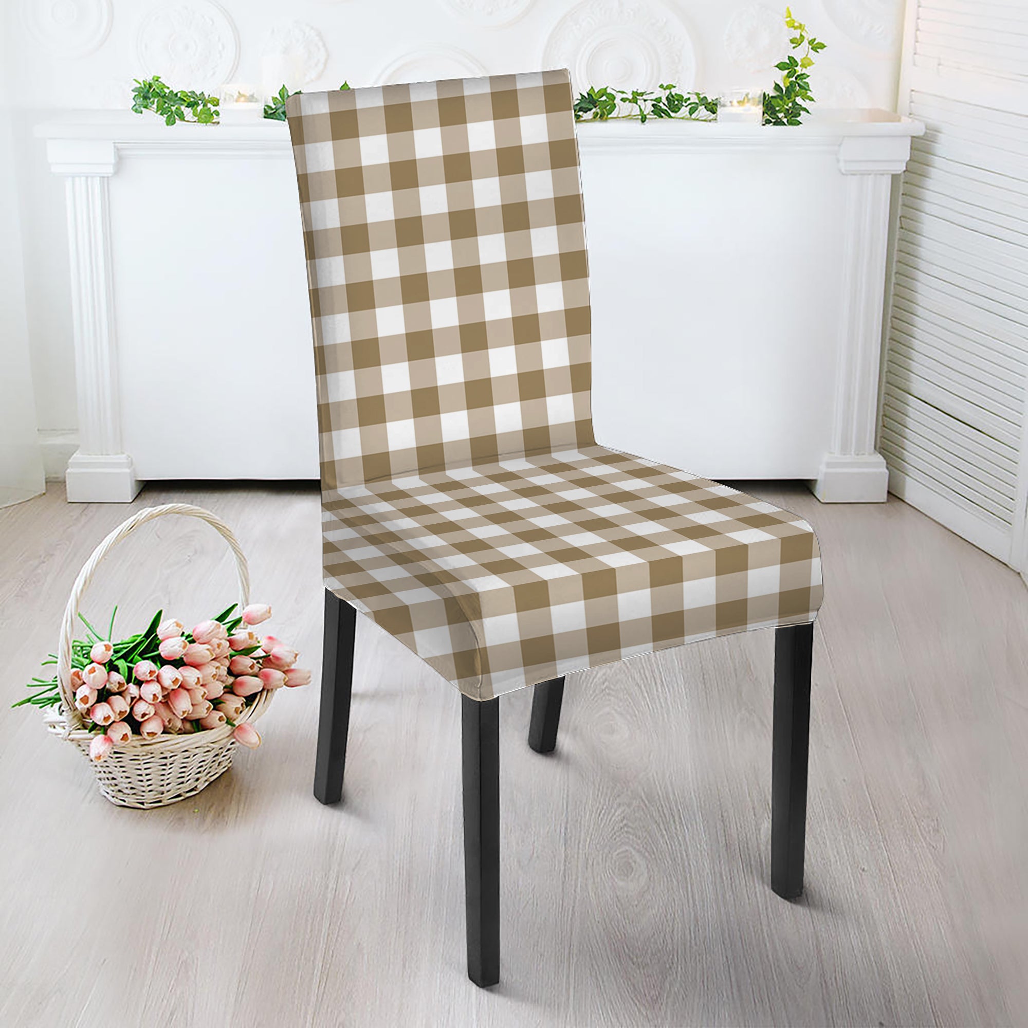 Tan And White Gingham Pattern Print Dining Chair Slipcover