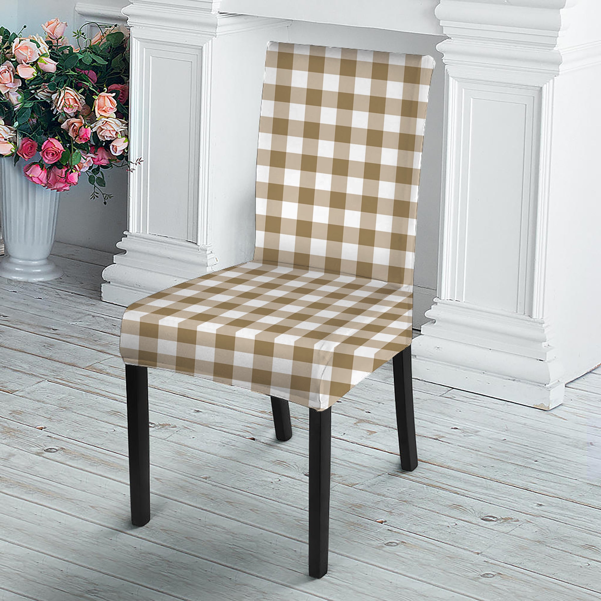 Tan And White Gingham Pattern Print Dining Chair Slipcover