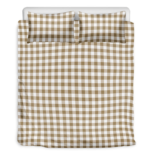 Tan And White Gingham Pattern Print Duvet Cover Bedding Set