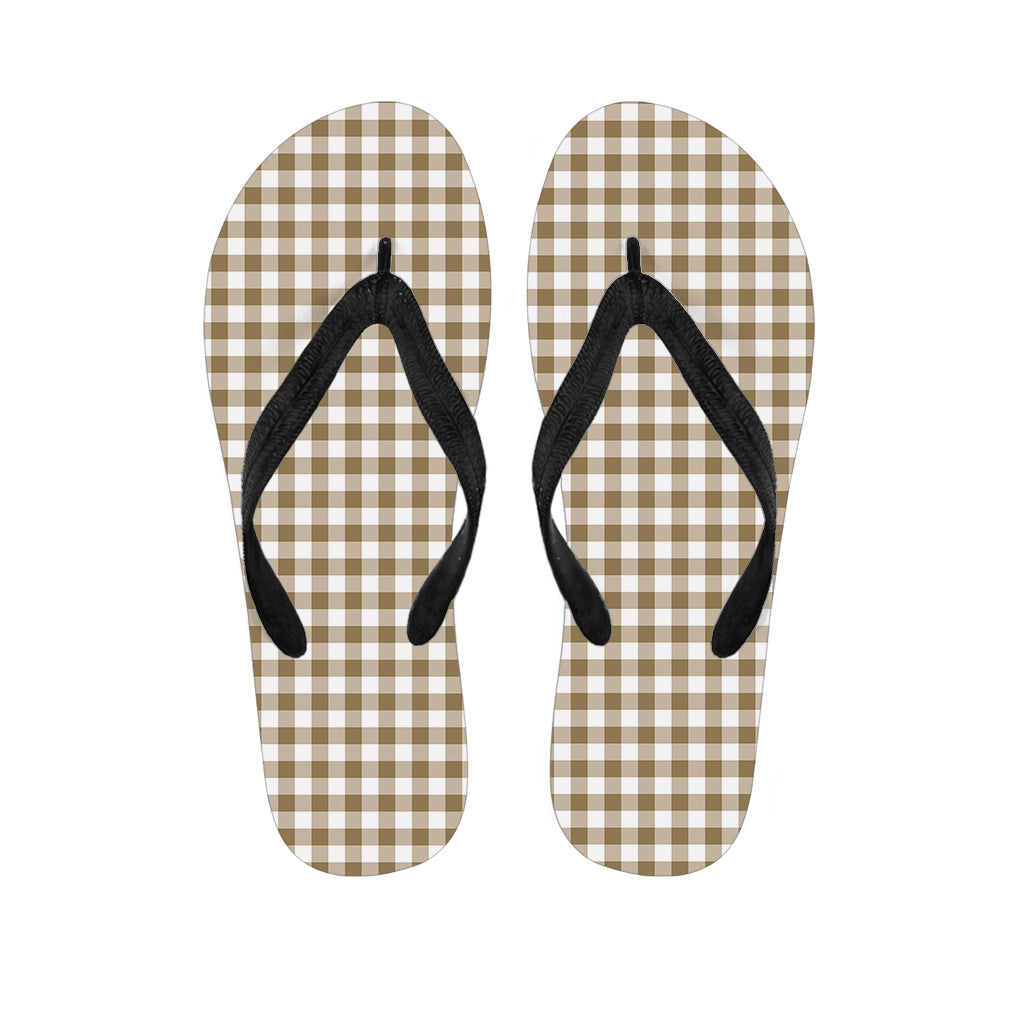 Tan And White Gingham Pattern Print Flip Flops