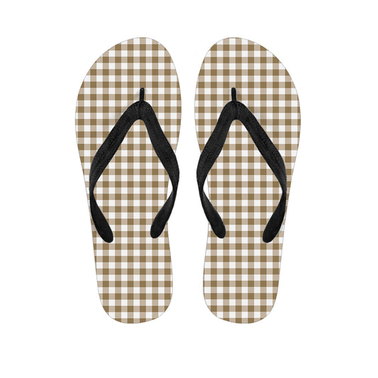 Tan And White Gingham Pattern Print Flip Flops