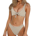 Tan And White Gingham Pattern Print Front Bow Tie Bikini