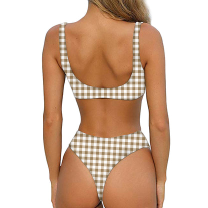Tan And White Gingham Pattern Print Front Bow Tie Bikini