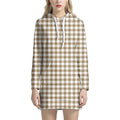 Tan And White Gingham Pattern Print Pullover Hoodie Dress